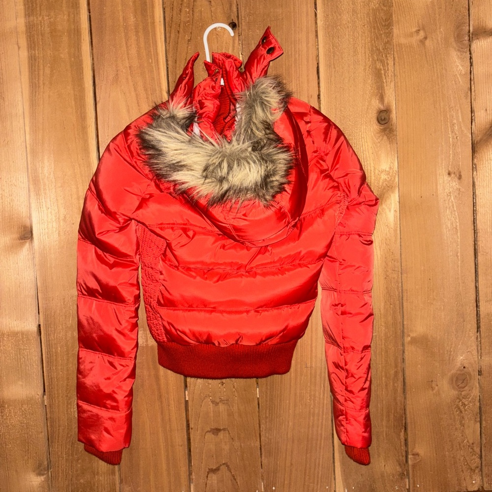 American Eagle Outfitters Red Puffer Teddy Jacket with Faux Fur Trim